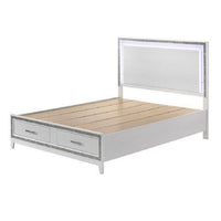 King Size Storage Bed, Elegant Silver Glitter Trim, LED Lit Headboard, White - BM296882