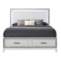 King Size Storage Bed, Elegant Silver Glitter Trim, LED Lit Headboard, White - BM296882