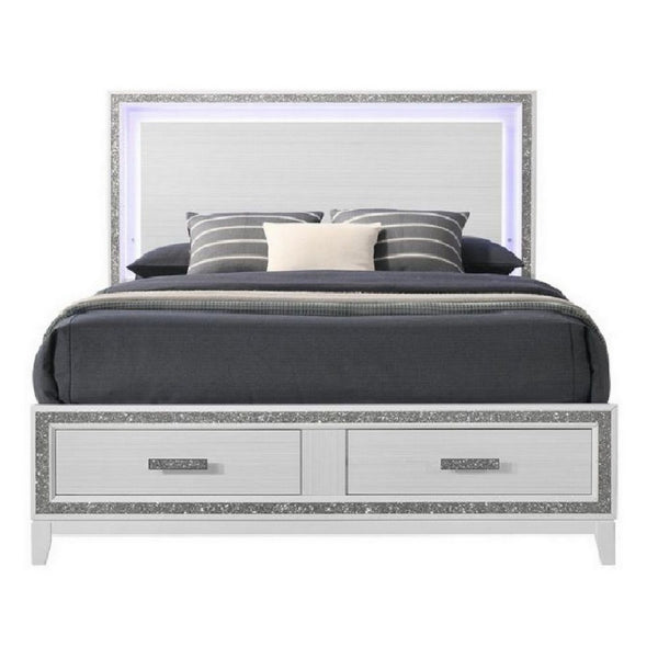 King Size Storage Bed, Elegant Silver Glitter Trim, LED Lit Headboard, White - BM296882