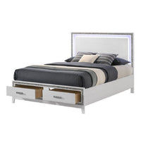 King Size Storage Bed, Elegant Silver Glitter Trim, LED Lit Headboard, White - BM296882