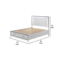King Size Storage Bed, Elegant Silver Glitter Trim, LED Lit Headboard, White - BM296882
