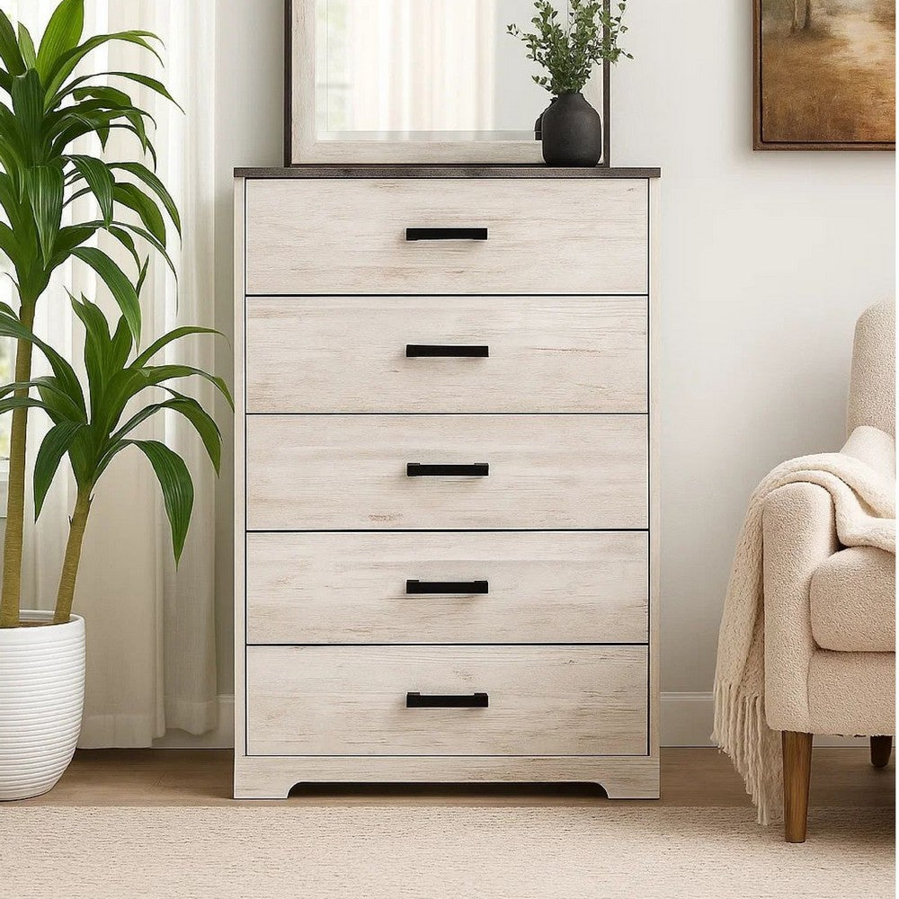 Wisp 46 Inch Tall Dresser Chest, 5 Drawers, Rustic Smooth White Finish - BM296889