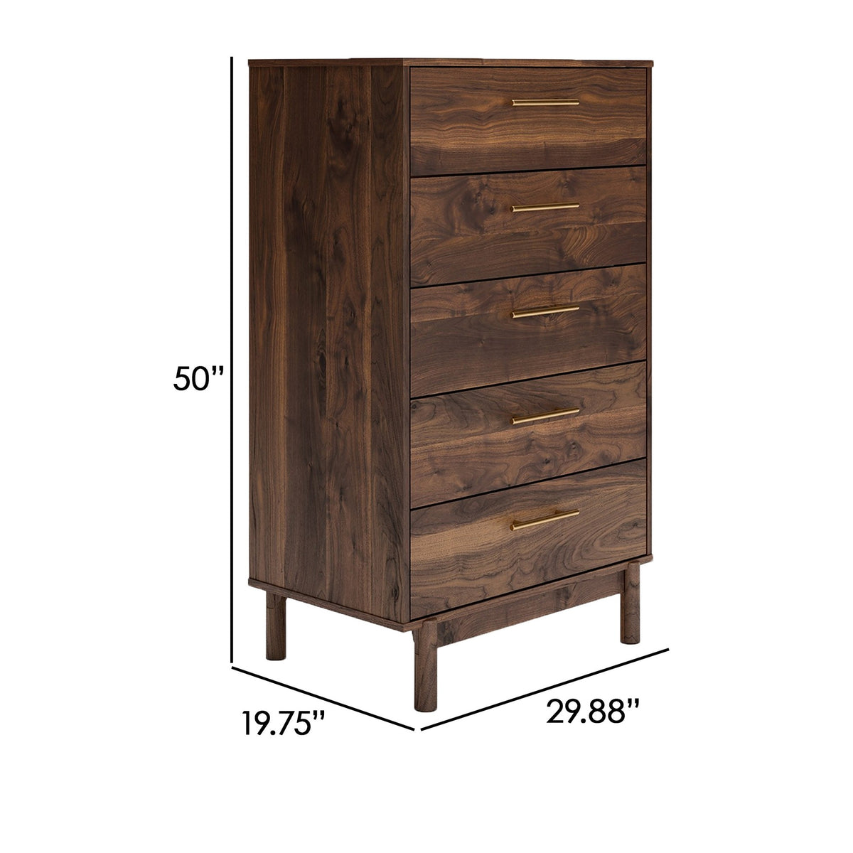 Kip 50 Inch 5 Drawer Modern Tall Dresser Chest, Dark Brown, Gold Handles - BM296901