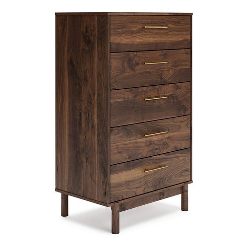 Benjara Kip 50 Inch 5 Drawer Modern Tall Dresser Chest, Dark Brown, Gold  Handles