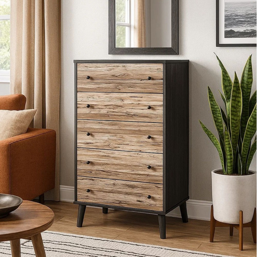Asher 51 Inch Modern Tall Dresser Chest, 5 Drawers, Gray and Natural Brown - BM296902