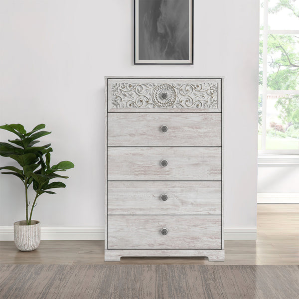 46 Inch 5 Drawer Modern Tall Dresser Chest, Whitewashed Carved Design Wood - BM296907