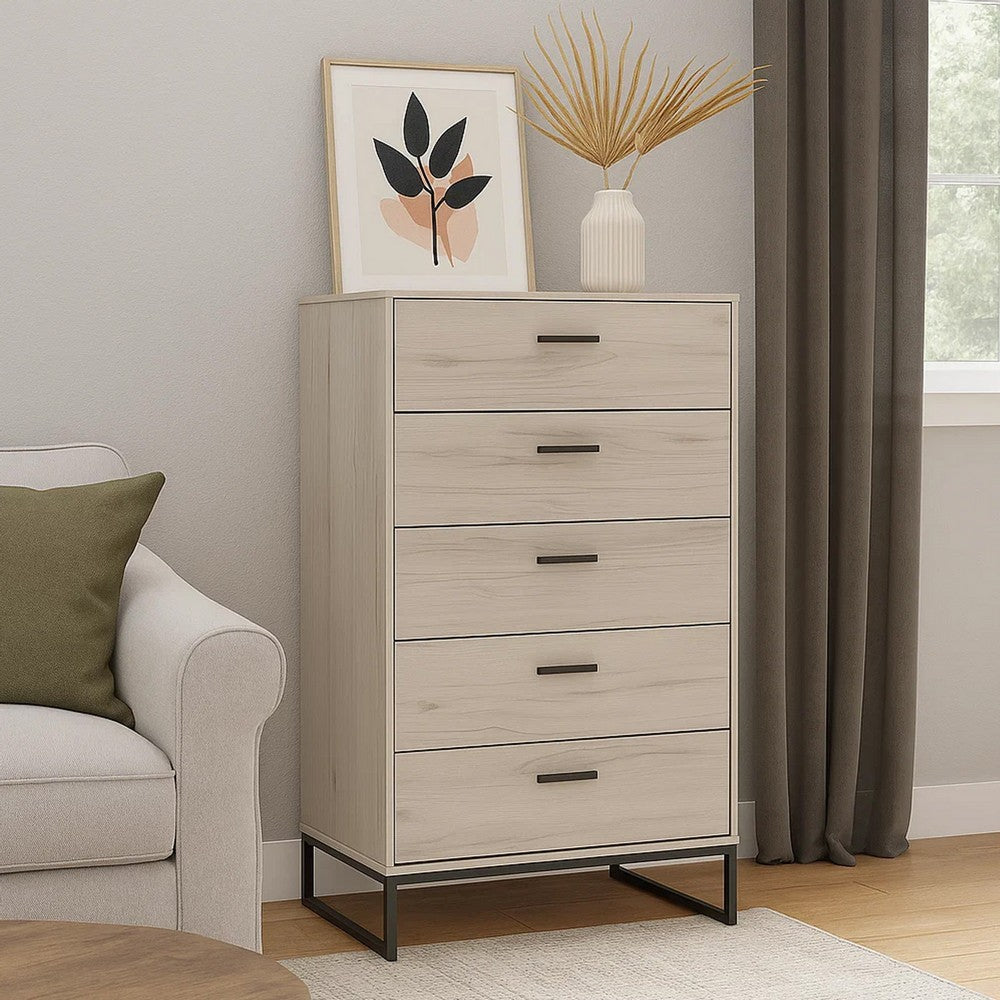 Zed 51 Inch 5 Drawer Chest, Natural Beige Wood Frame, Black Metal Base - BM296908