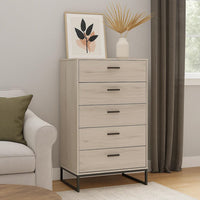Zed 51 Inch 5 Drawer Chest, Natural Beige Wood Frame, Black Metal Base - BM296908