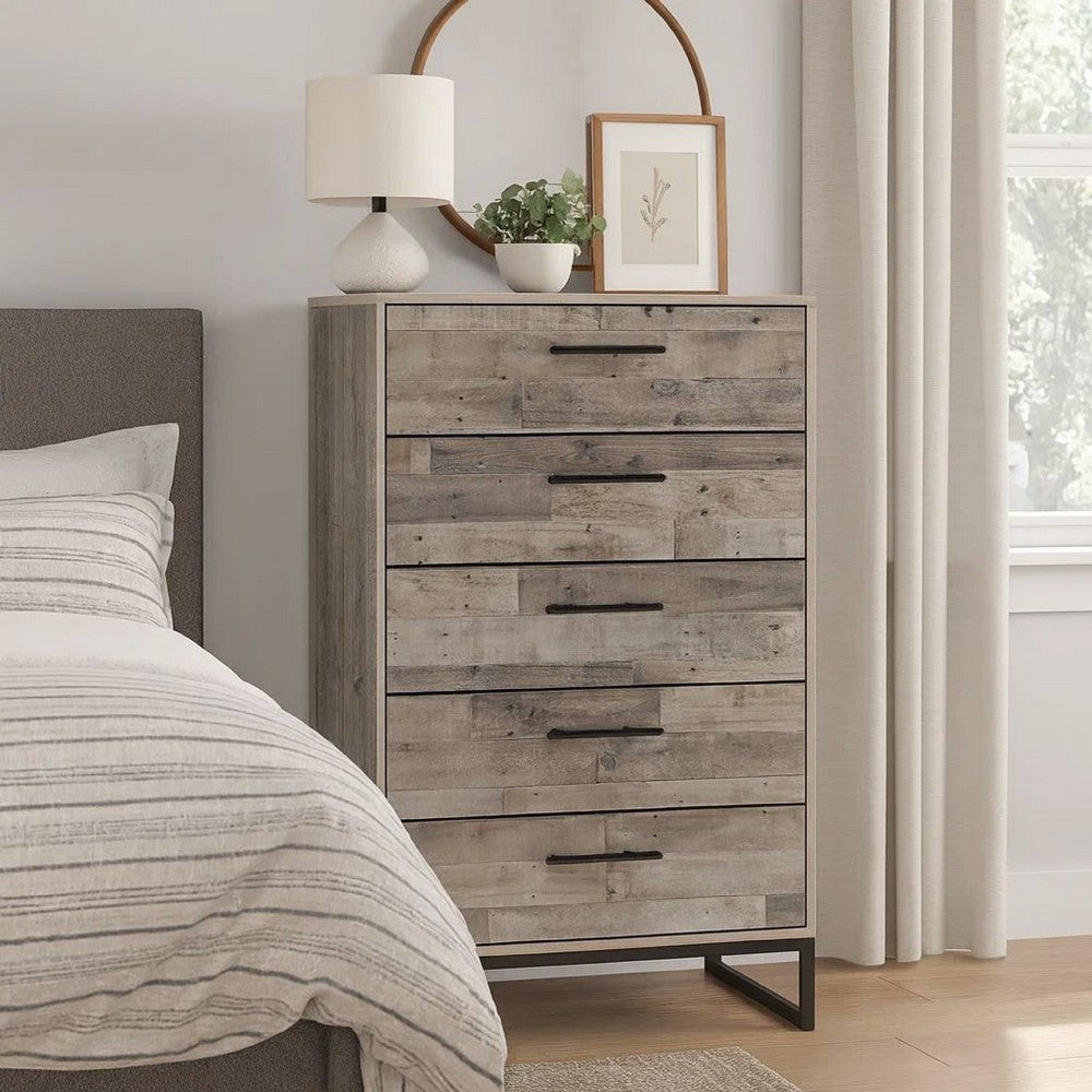 Vyne 51 Inch Tall Dresser Chest, 5 Drawers, White Woodblock, Black Metal - BM296910