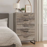 Vyne 51 Inch Tall Dresser Chest, 5 Drawers, White Woodblock, Black Metal - BM296910