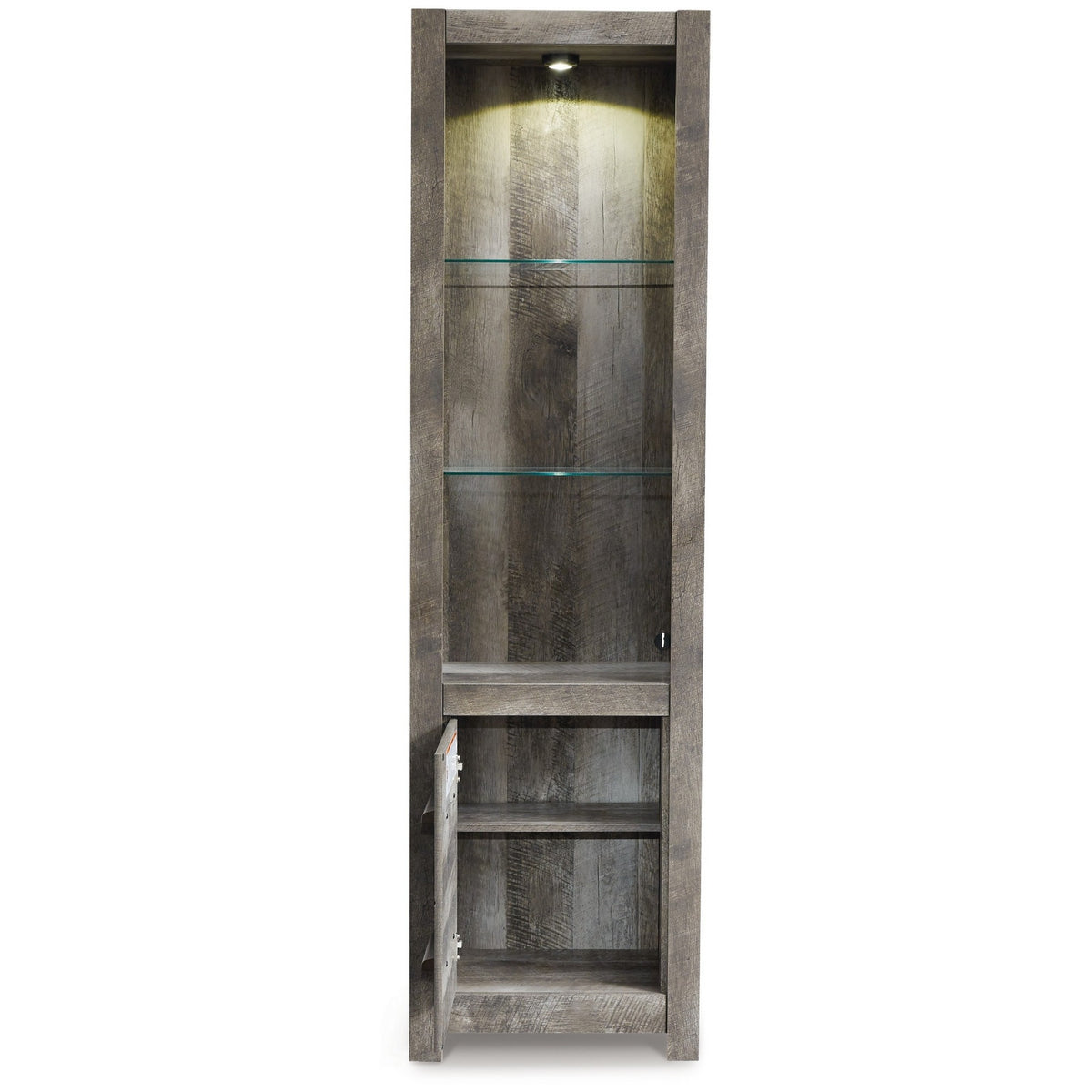72 Inch Side Pier, 2 Glass Shelves, 2 Bottom Drawers, Rustic Gray Finish  - BM296913