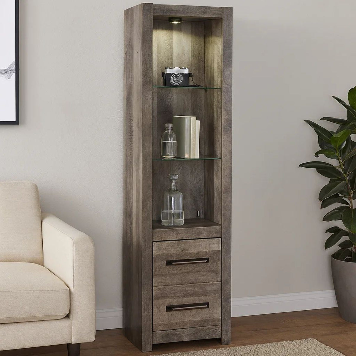 72 Inch Side Pier, 2 Glass Shelves, 2 Bottom Drawers, Rustic Gray Finish  - BM296913
