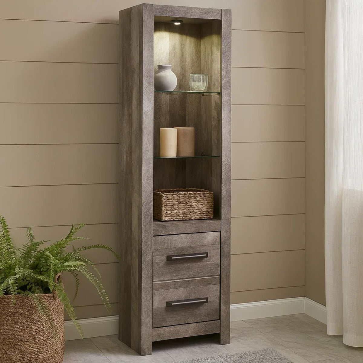 72 Inch Side Pier, 2 Glass Shelves, 2 Bottom Drawers, Rustic Gray Finish  - BM296913