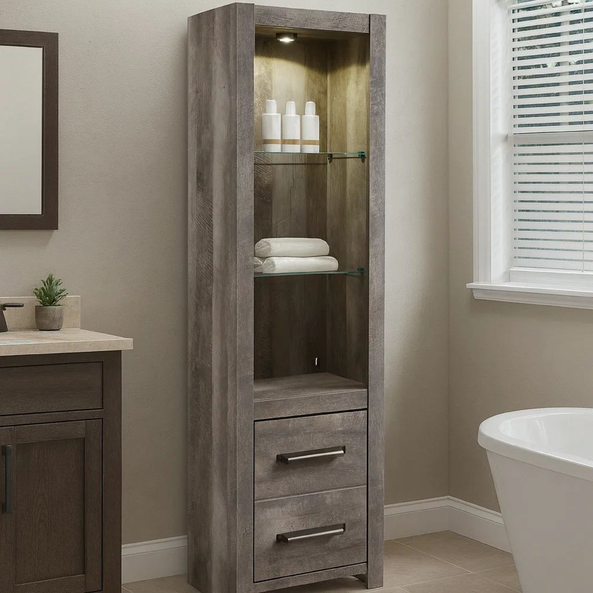 72 Inch Side Pier, 2 Glass Shelves, 2 Bottom Drawers, Rustic Gray Finish  - BM296913