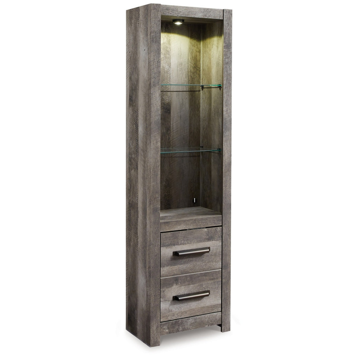 72 Inch Side Pier, 2 Glass Shelves, 2 Bottom Drawers, Rustic Gray Finish  - BM296913