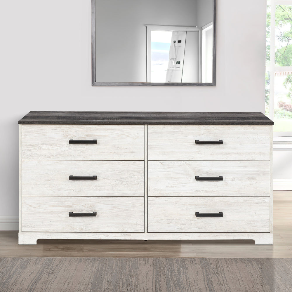 Wisp 59 Inch Wood Dresser, 6 Gliding Drawers, Rustic Crisp White Finish - BM296921