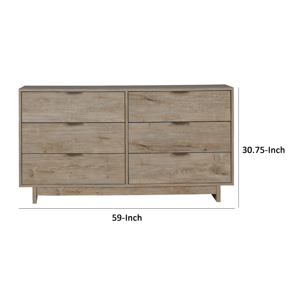 Fervor 59 Inch Dresser, 6 Drawers, Brown Wood Frame, Brushed Nickel Handles - BM296939