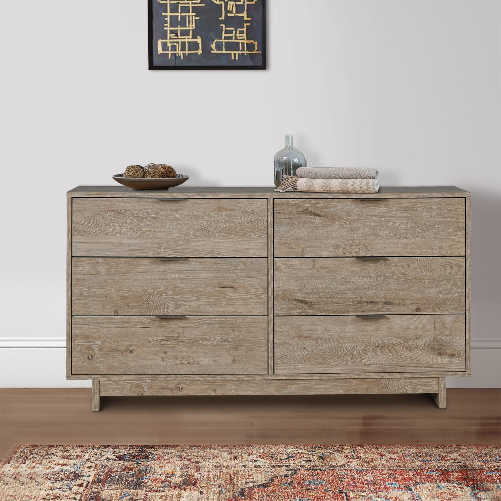 Fervor 59 Inch Dresser, 6 Drawers, Brown Wood Frame, Brushed Nickel Handles - BM296939