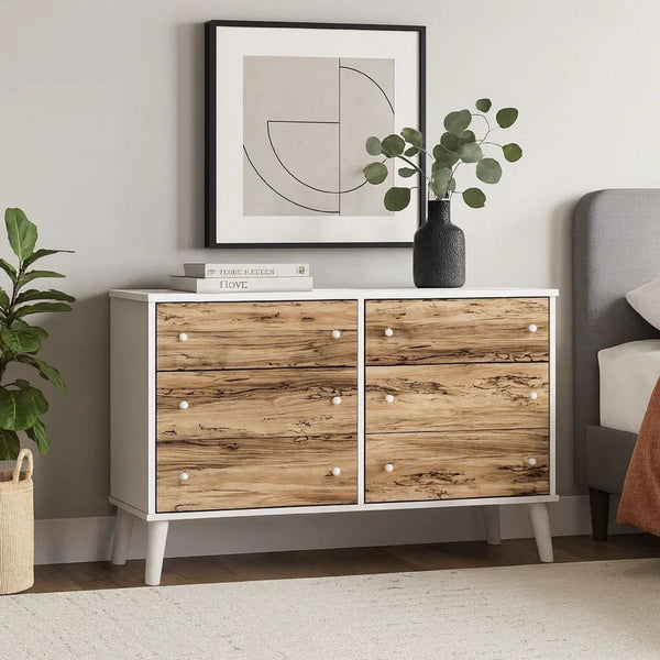 Asher 59 Inch Contemporary Dresser, 6 Drawers, White and Natural Brown - BM296944