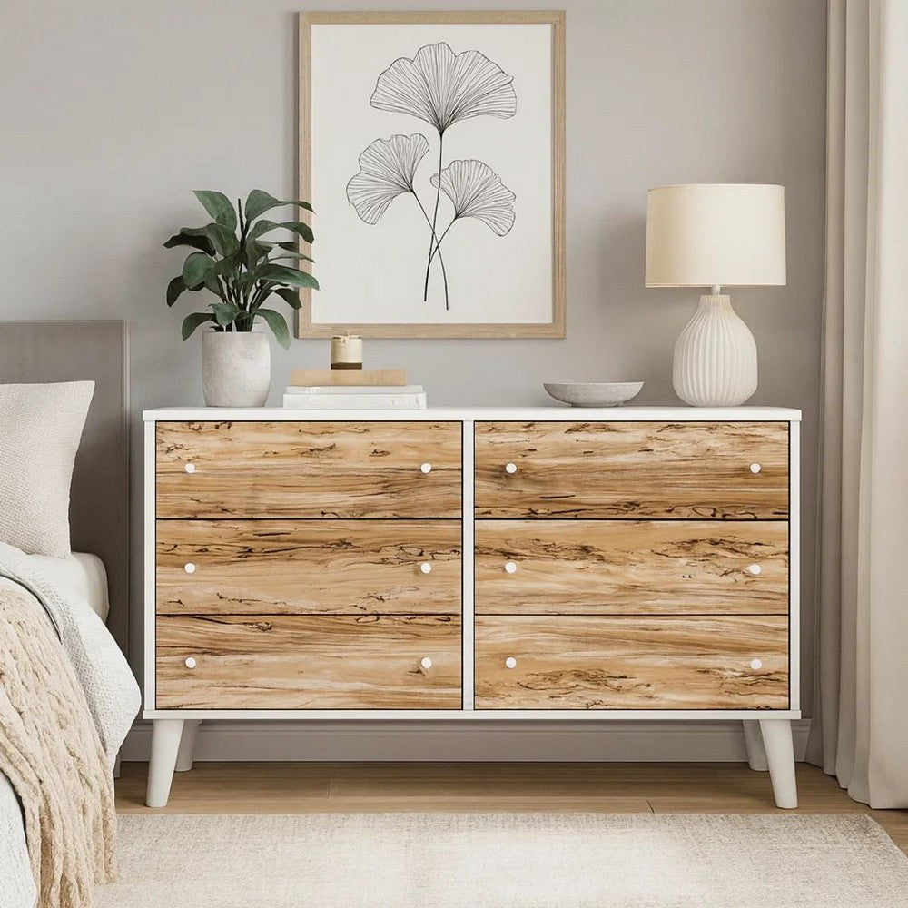 Asher 59 Inch Contemporary Dresser, 6 Drawers, White and Natural Brown - BM296944