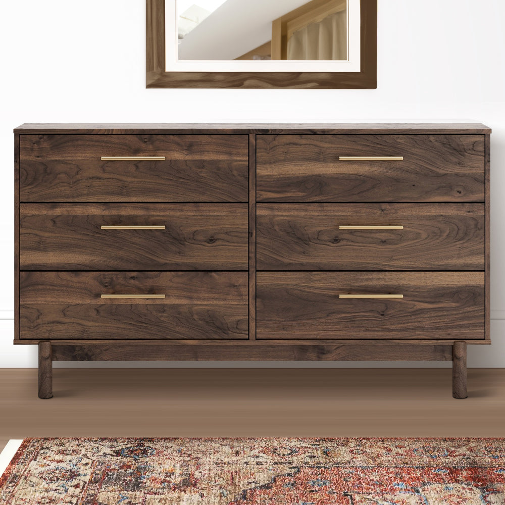 Benjara Kip 59 Inch Modern Dresser, Brown Wood Frame, 6 Drawers, Gold Metal Handles