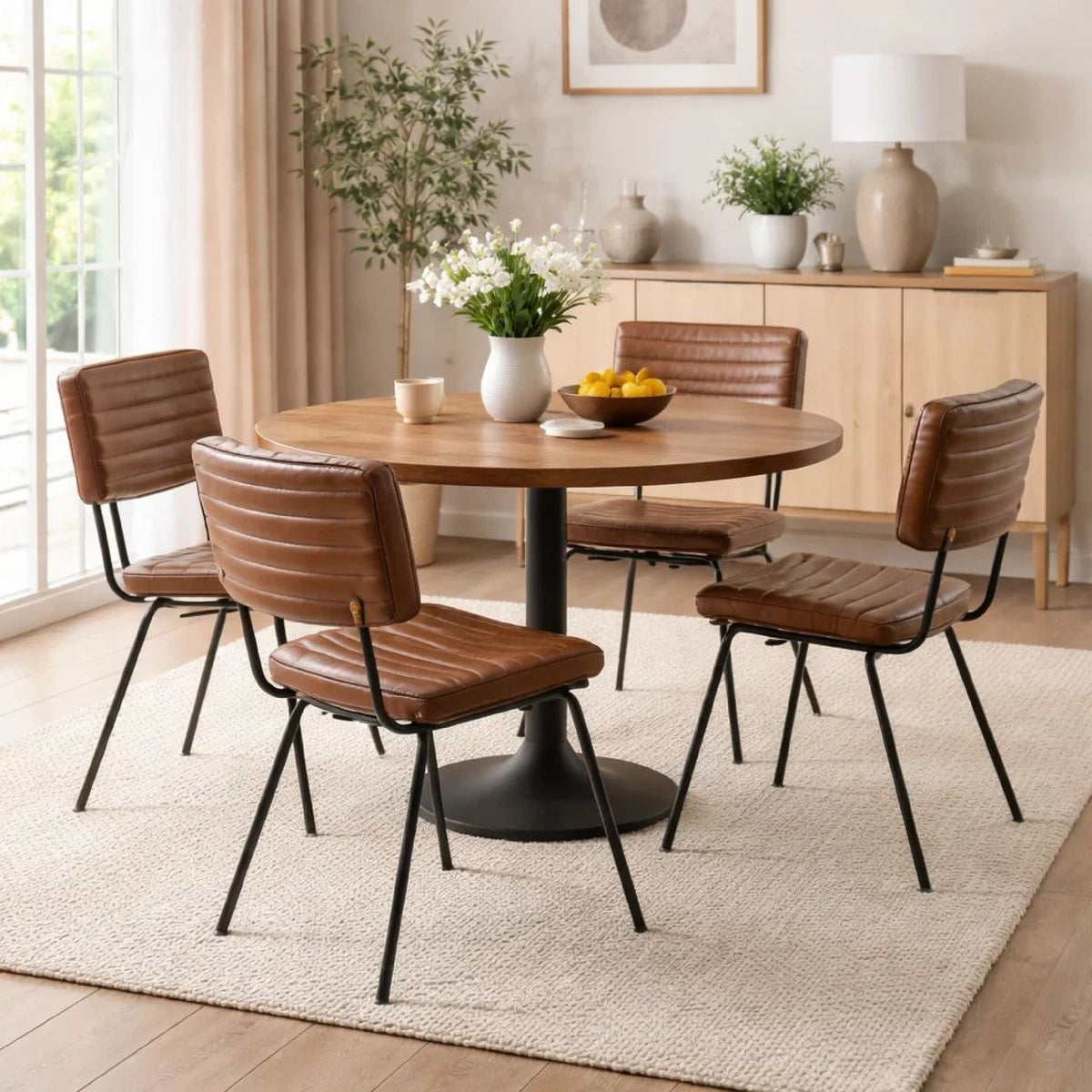 Mia 18 Inch Side Chair, Set of 2, Dyed Brown Leather, Vertical Tufting  - BM297144