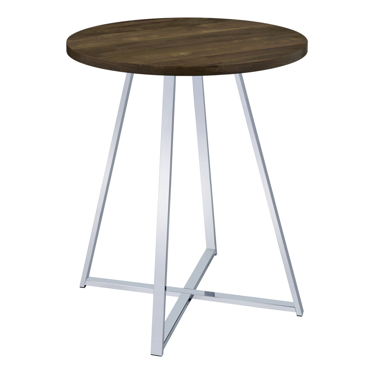 43 Inch Tall Modern Bar Table, Brown Round Top, Polished Chrome Flared Legs  - BM297179