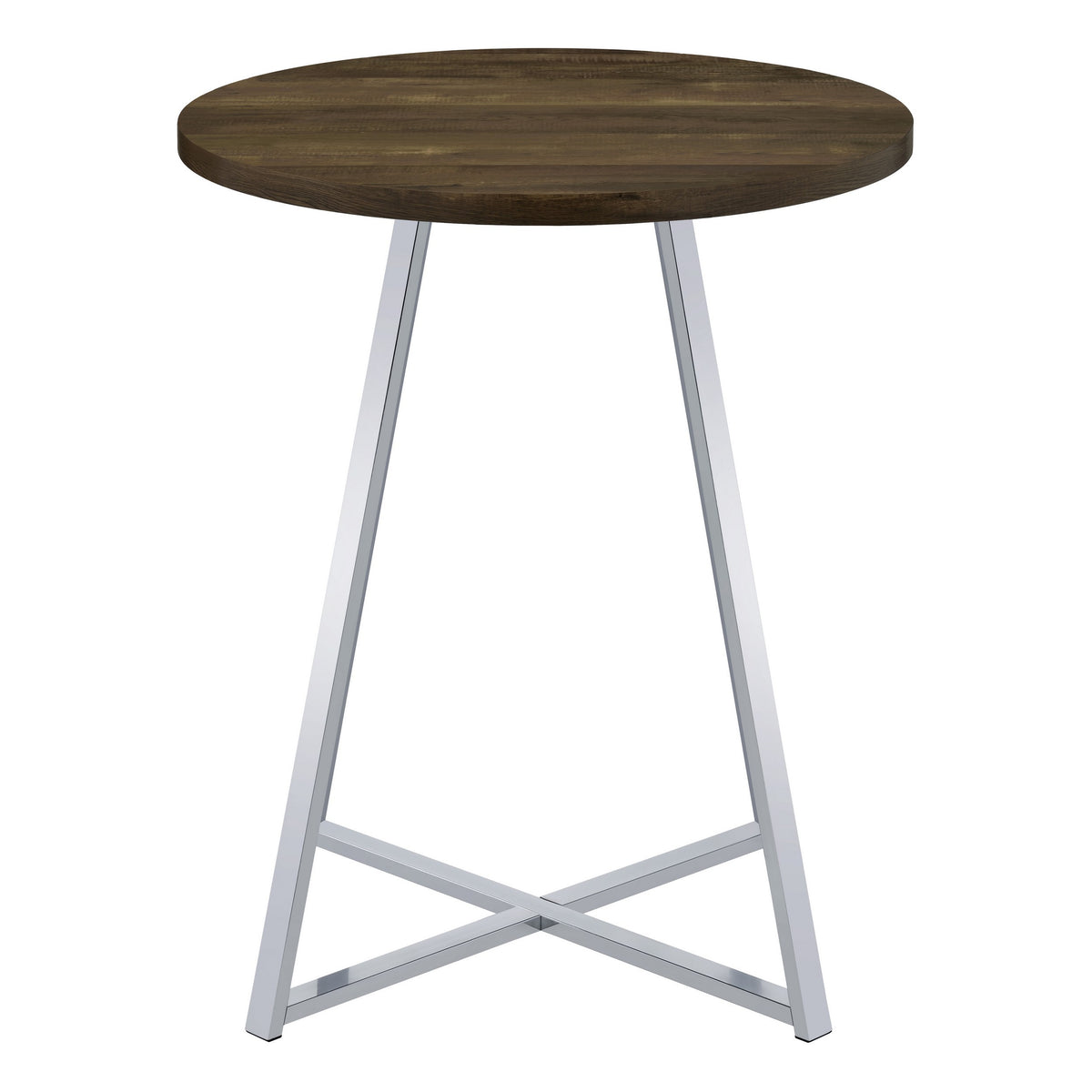 43 Inch Tall Modern Bar Table, Brown Round Top, Polished Chrome Flared Legs  - BM297179