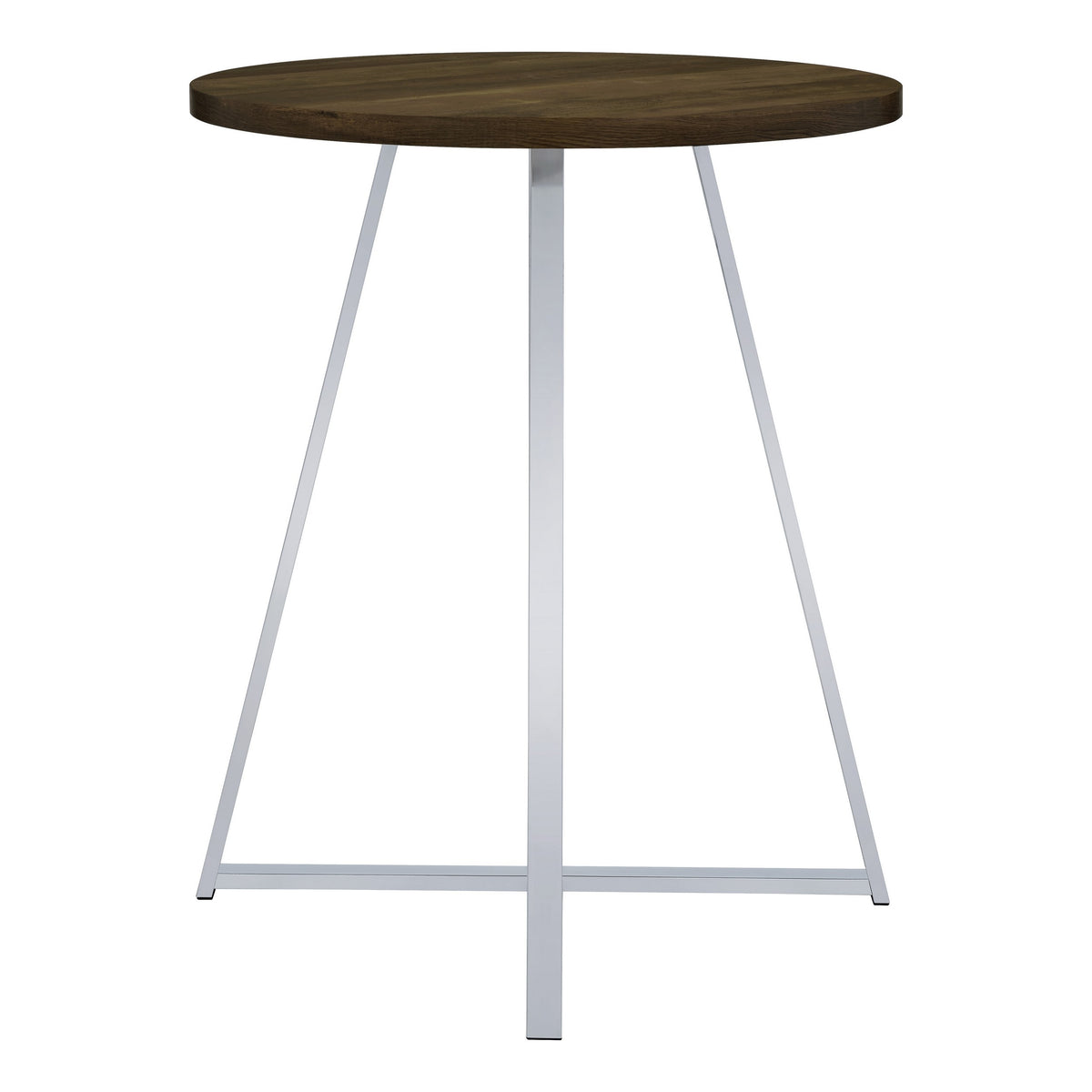 43 Inch Tall Modern Bar Table, Brown Round Top, Polished Chrome Flared Legs  - BM297179