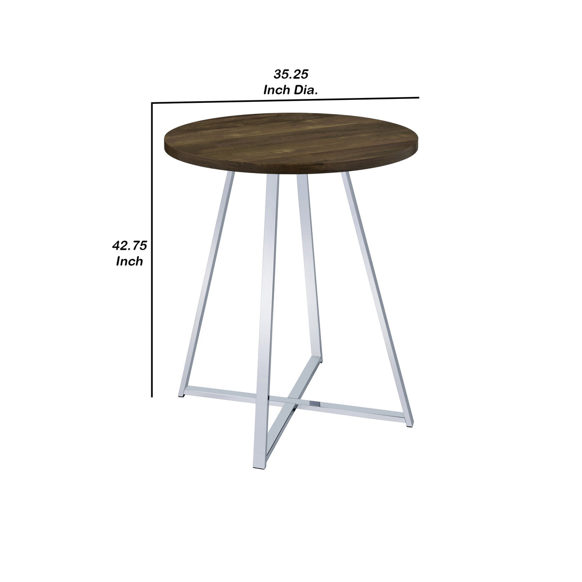 43 Inch Tall Modern Bar Table, Brown Round Top, Polished Chrome Flared Legs  - BM297179