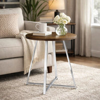 43 Inch Tall Modern Bar Table, Brown Round Top, Polished Chrome Flared Legs  - BM297179
