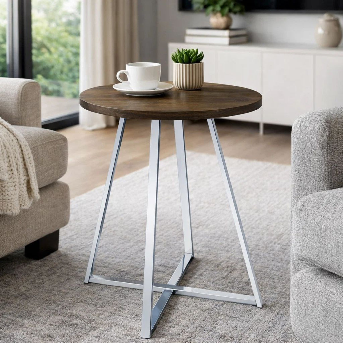 43 Inch Tall Modern Bar Table, Brown Round Top, Polished Chrome Flared Legs  - BM297179