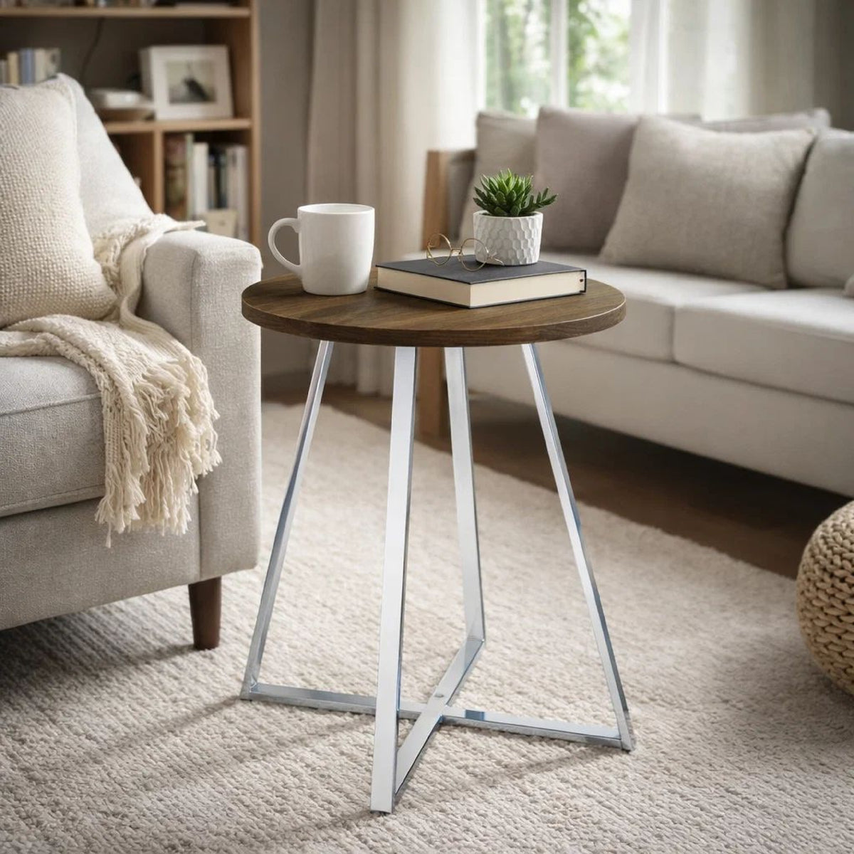 43 Inch Tall Modern Bar Table, Brown Round Top, Polished Chrome Flared Legs  - BM297179