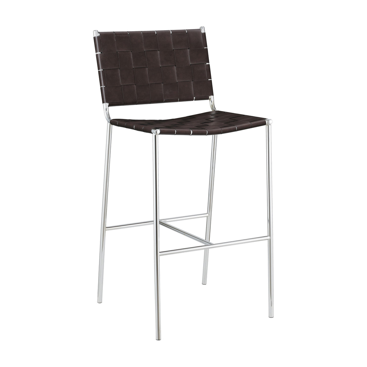 Anx 29 Inch Barstool, Chrome Metal Legs, Brown Faux Leather Band Weaving  - BM297216