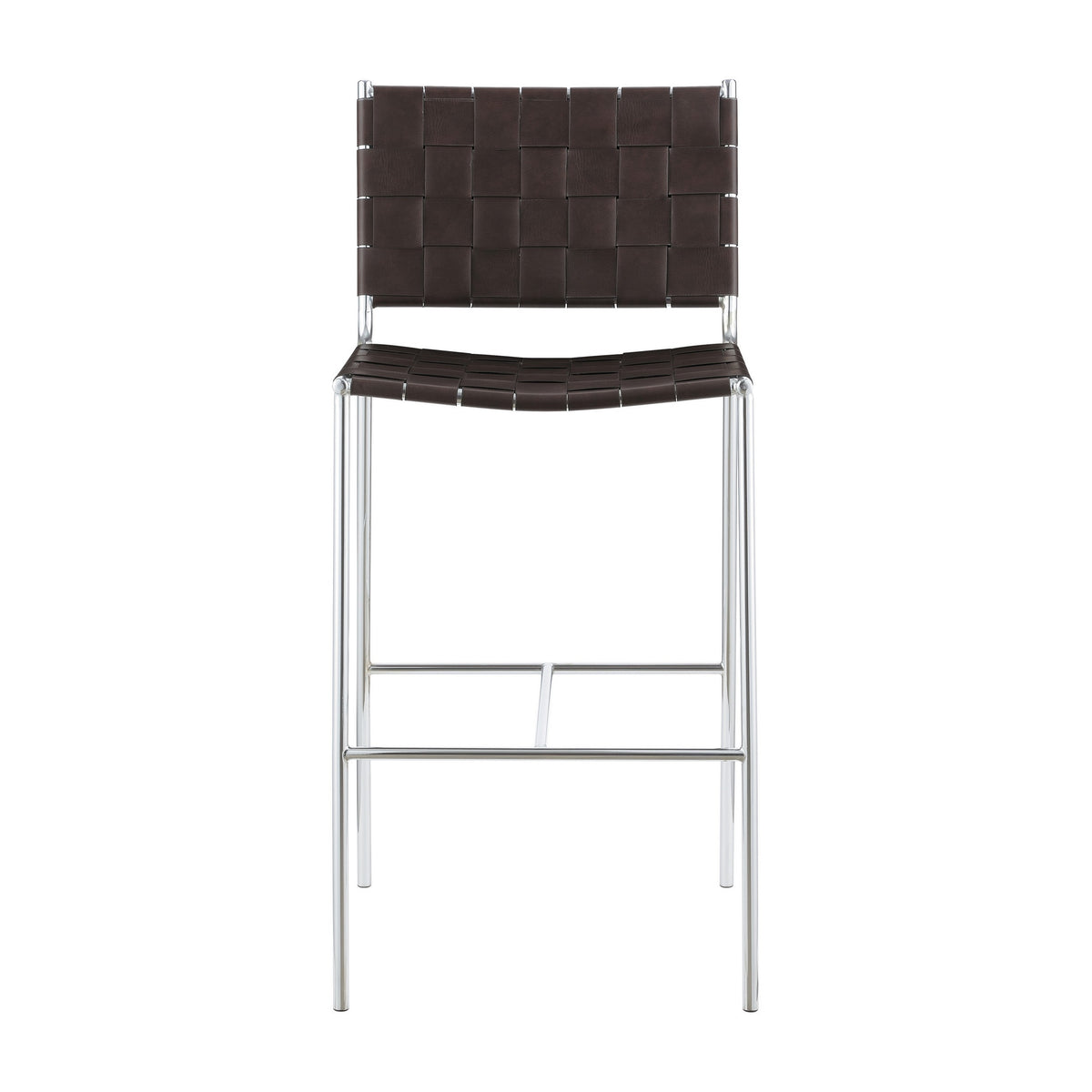 Anx 29 Inch Barstool, Chrome Metal Legs, Brown Faux Leather Band Weaving  - BM297216