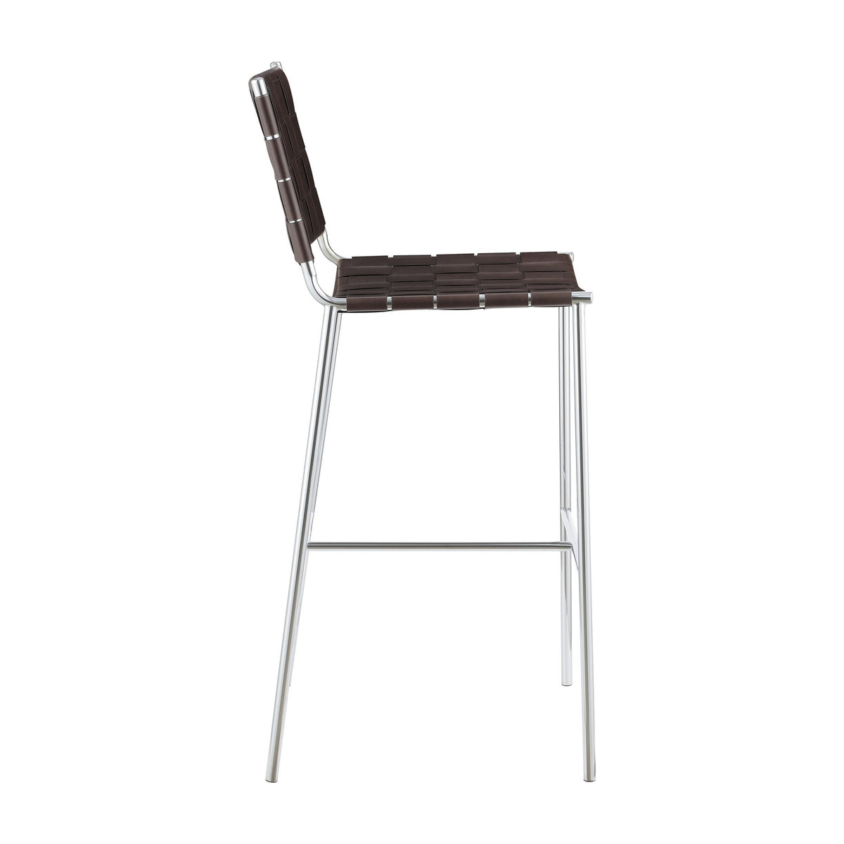 Anx 29 Inch Barstool, Chrome Metal Legs, Brown Faux Leather Band Weaving  - BM297216