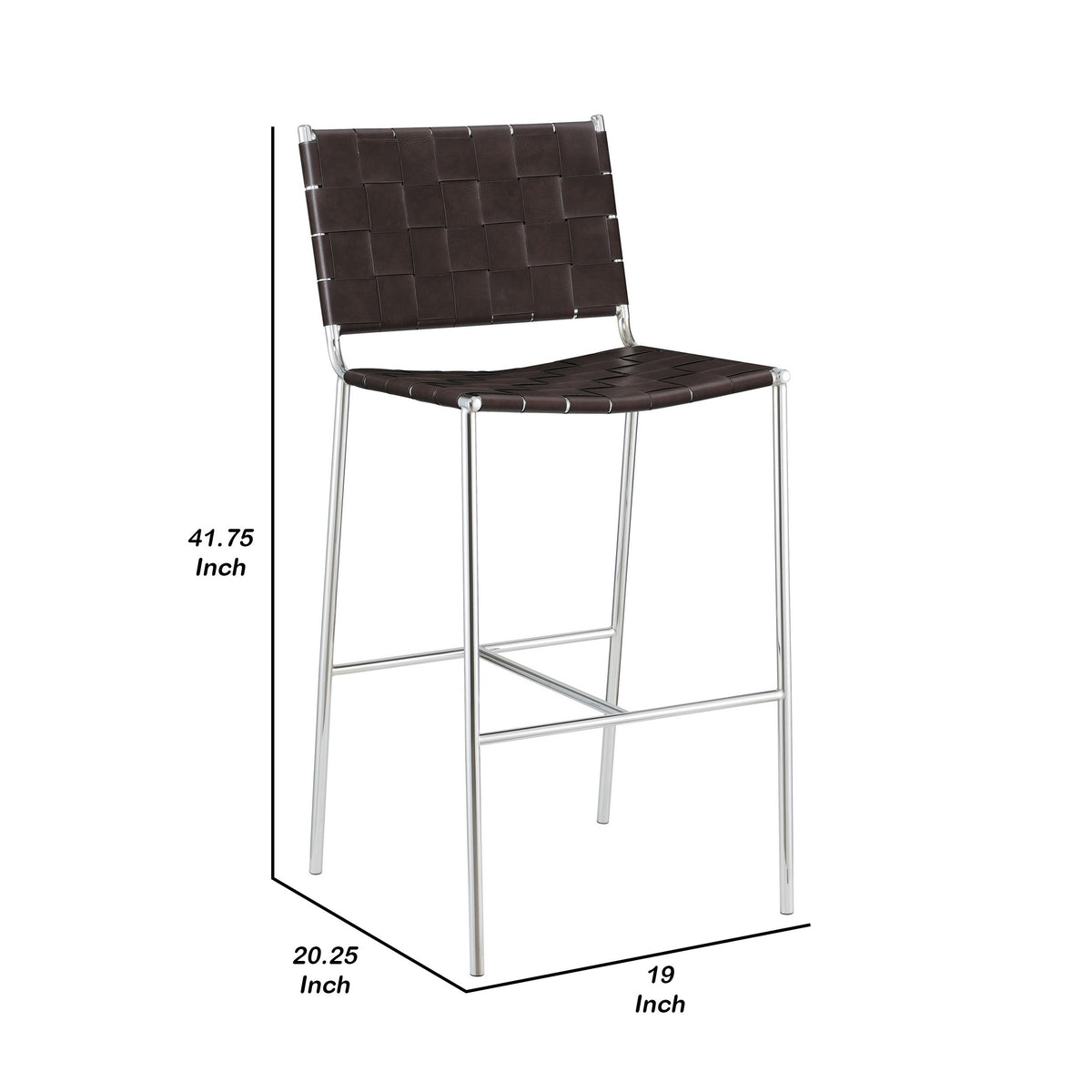 Anx 29 Inch Barstool, Chrome Metal Legs, Brown Faux Leather Band Weaving  - BM297216