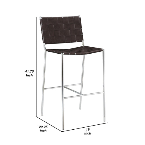 Anx 29 Inch Barstool, Chrome Metal Legs, Brown Faux Leather Band Weaving  - BM297216