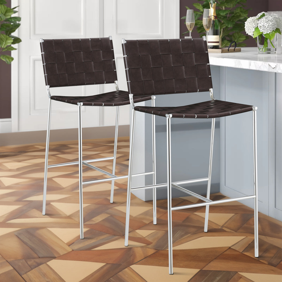 Anx 29 Inch Barstool, Chrome Metal Legs, Brown Faux Leather Band Weaving  - BM297216