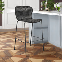 Qob 30 Inch Set of 2 Barstools, Brown Woven Rattan Seat, Metal Frame  - BM297218