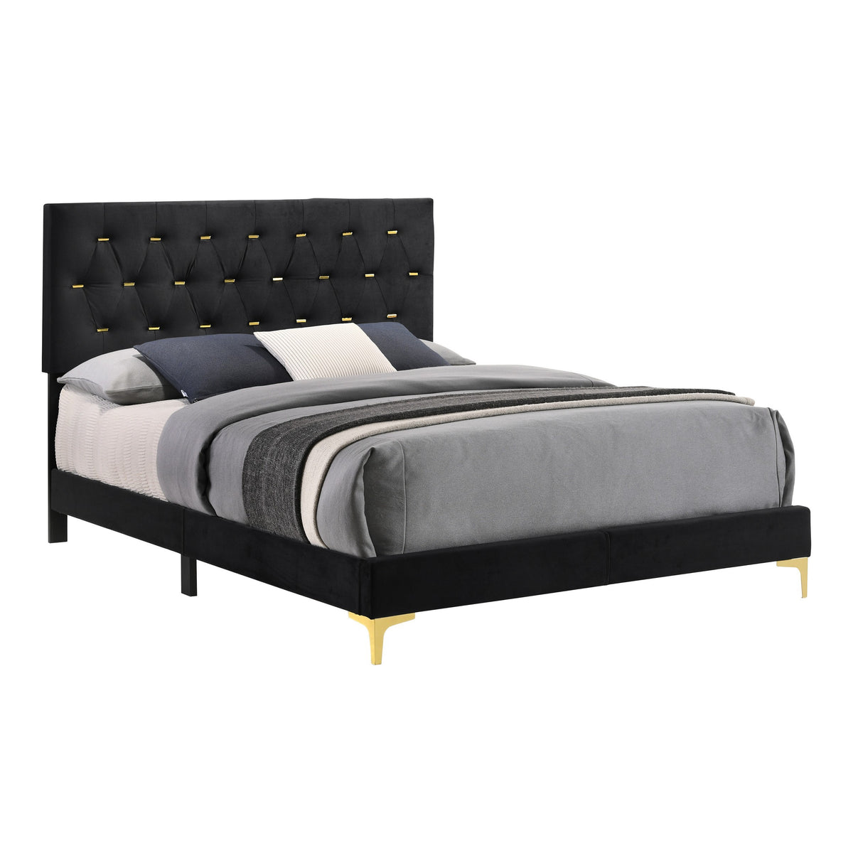 Lif Platform Queen Size Bed, Panel Tufted Headboard, Gold, Black Velvet  - BM297255