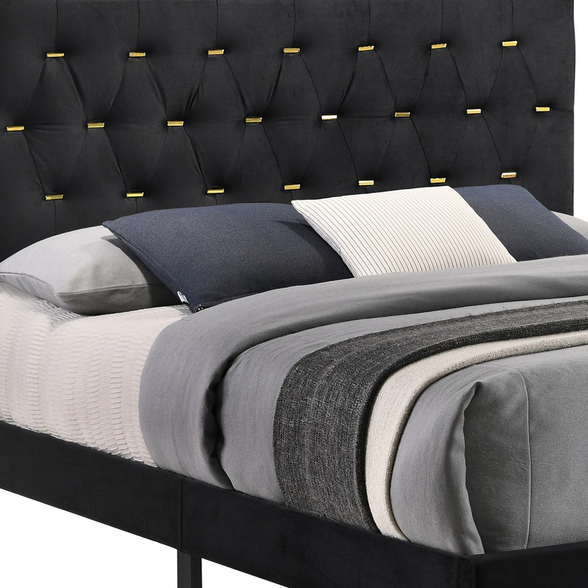 Lif Platform Queen Size Bed, Panel Tufted Headboard, Gold, Black Velvet  - BM297255