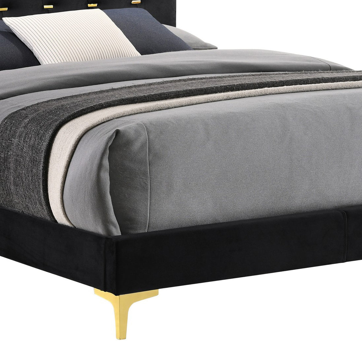 Lif Platform Queen Size Bed, Panel Tufted Headboard, Gold, Black Velvet  - BM297255