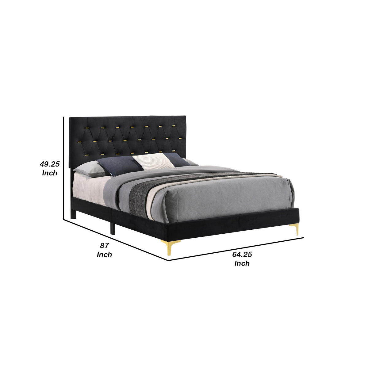 Lif Platform Queen Size Bed, Panel Tufted Headboard, Gold, Black Velvet  - BM297255