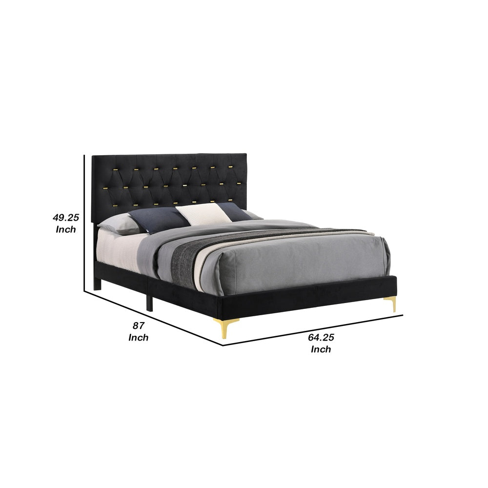 Lif Platform Queen Size Bed, Panel Tufted Headboard, Gold, Black Velvet  - BM297255
