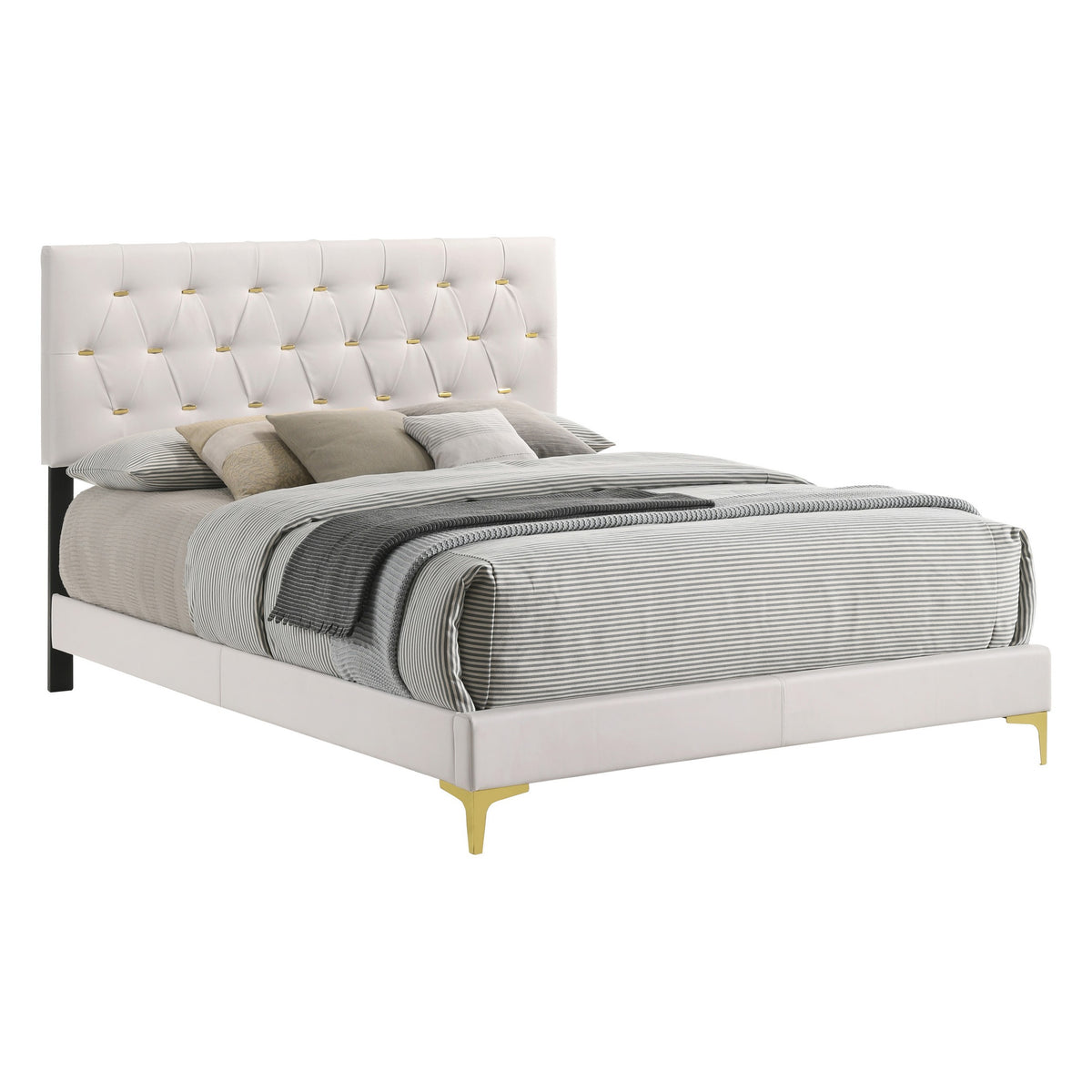 Lif Platform Queen Size Bed, Panel Tufted Headboard, Gold Legs White Velvet  - BM297258