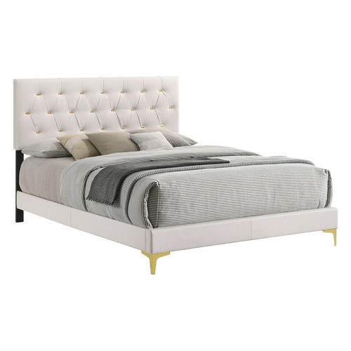 Lif Platform Queen Size Bed, Panel Tufted Headboard, Gold Legs White Velvet  - BM297258