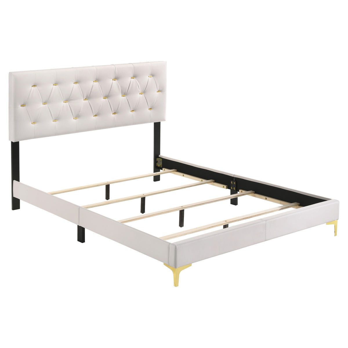 Lif Platform Queen Size Bed, Panel Tufted Headboard, Gold Legs White Velvet  - BM297258
