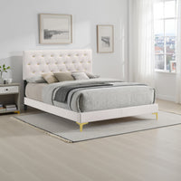 Lif Platform Queen Size Bed, Panel Tufted Headboard, Gold Legs White Velvet  - BM297258