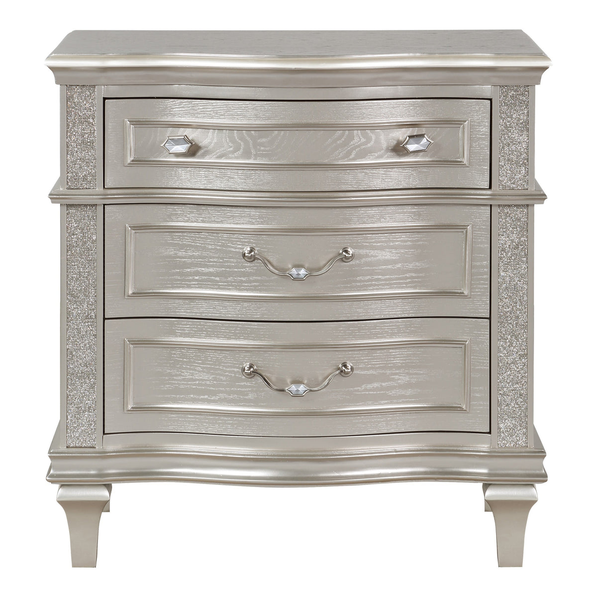 Inz 32 Inch 3 Drawer Nightstand, Elegant Trim Details, Silver Finish   - BM297261